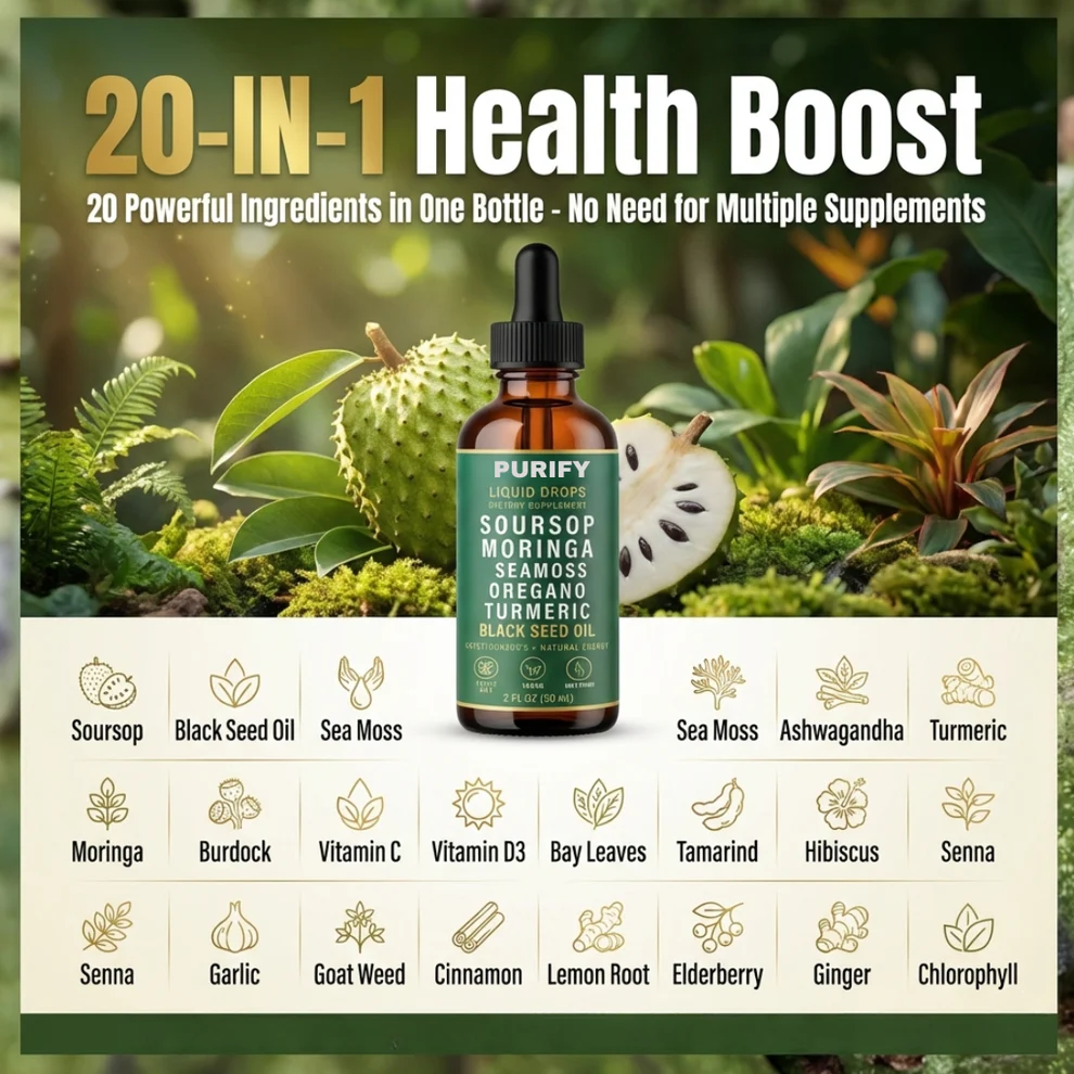 Purify Soursop Moringa Seamoss Oregano Turmeric DropsPurify Soursop Moringa Seamoss Oregano Turmeric Drops